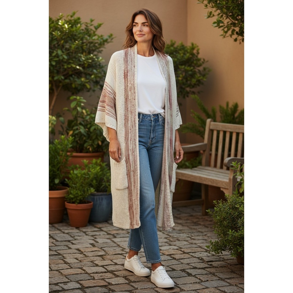 Easel Los Angeles Women Cream Striped Longline Duster Cardigan Sweater S/M